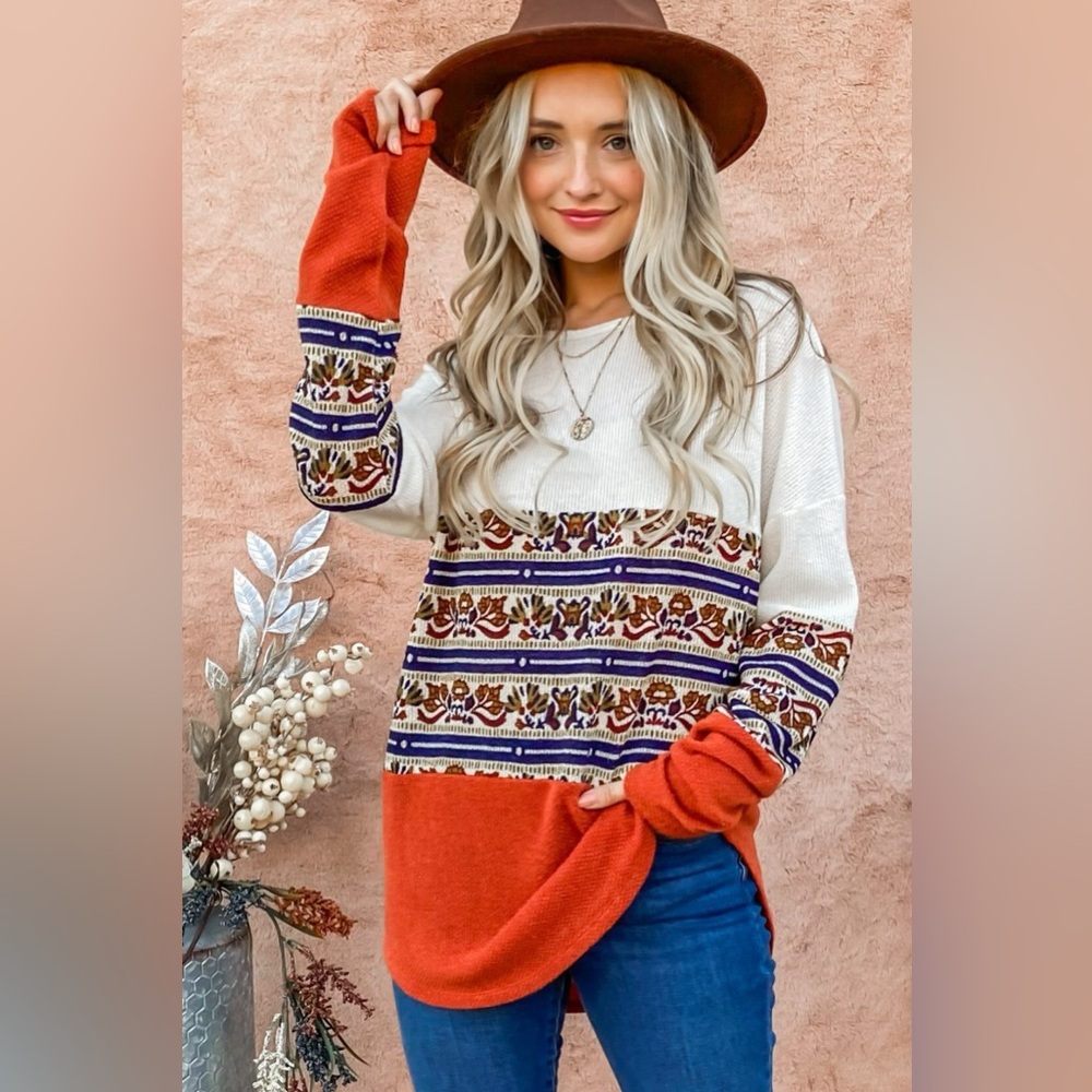 And The Why Ethnic Print Color Block Top